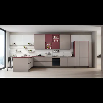 Cucina Moderna Like J 02 con penisola in laccato opaco Marrone e Rosso Soft di Veneta Cucine
