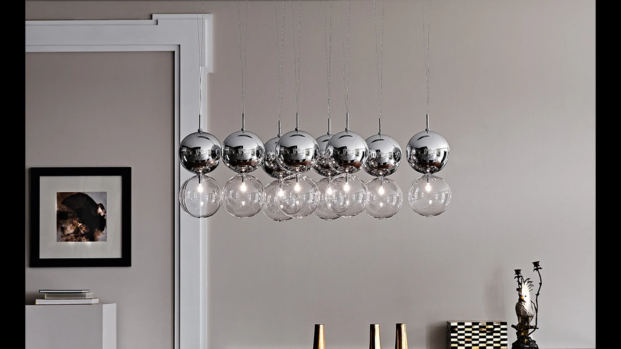 Lampada a sospensione con sfere a due colori, cromo e trasparente, Apollo di Cattelan Italia