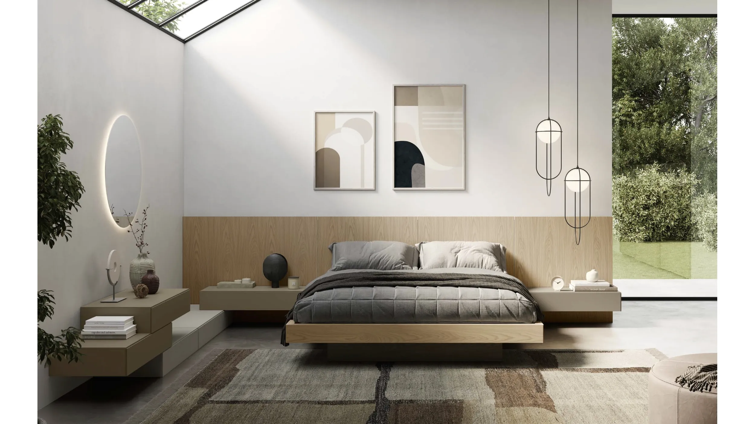 Letto Plan in legno con testiera boiserie a righe di Fimar