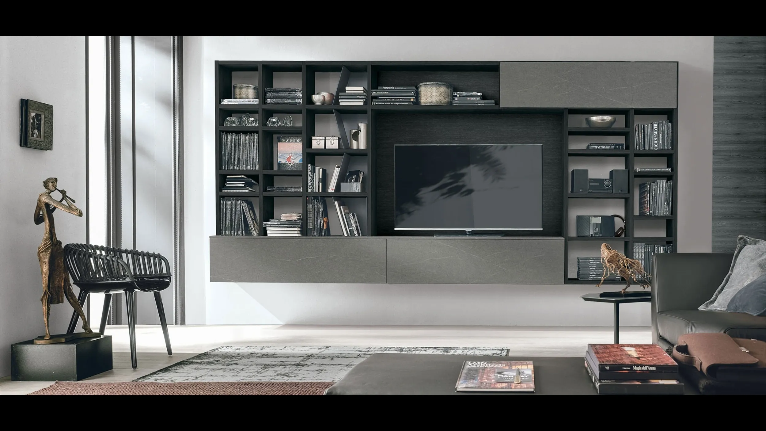 Libreria Atlante UNIT AT204 in materico rovere carbone e materico piasentina scura e metallo laccato bromodi Tomasella