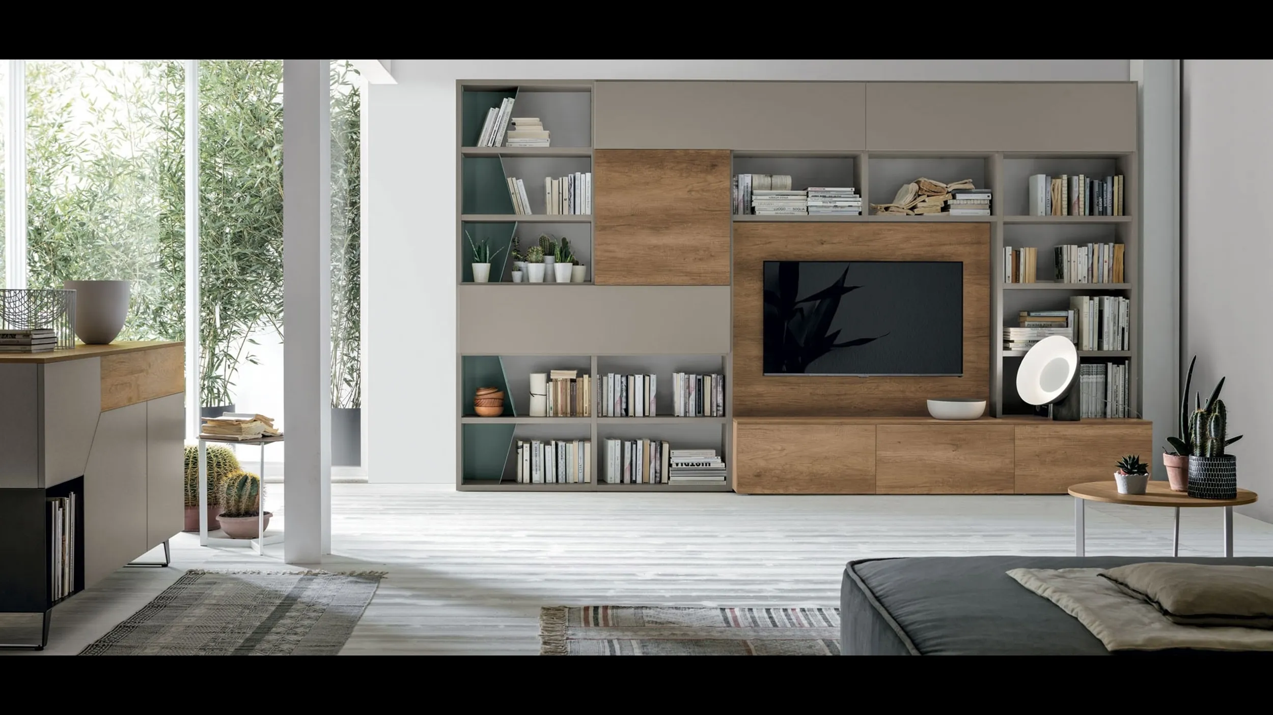 Libreria Atlante UNIT AT219 in materico nodato chiaro, materico opaco arena e metallo mirto di Tomasella