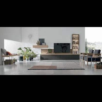 Parete Attrezzata Atlante UNIT AT117 in materico rovere sabbia e materico cemento scuro di Tomasella