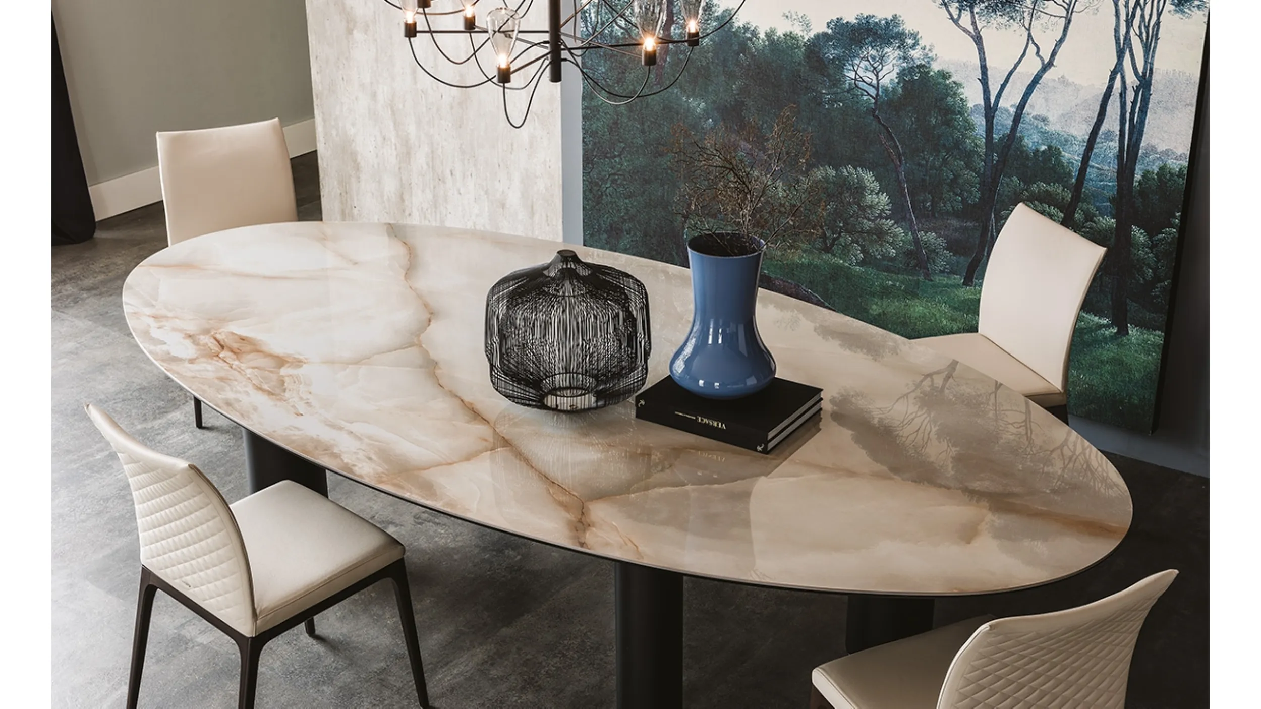 Tavolo con gambe in acciaio verniciato titanio e piano ovale in ceramica Roll Keramik di Cattelan Italia