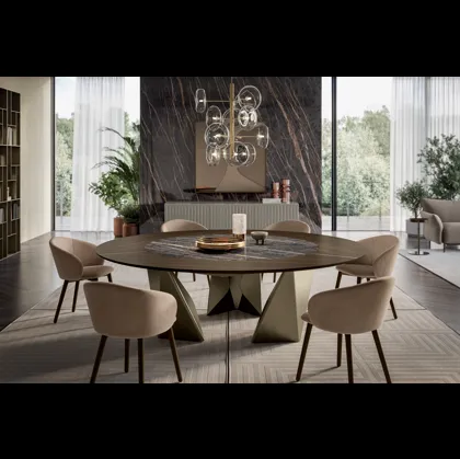 Tavolo rotondo in legno e SuperMarmo Kaleido di Bontempi