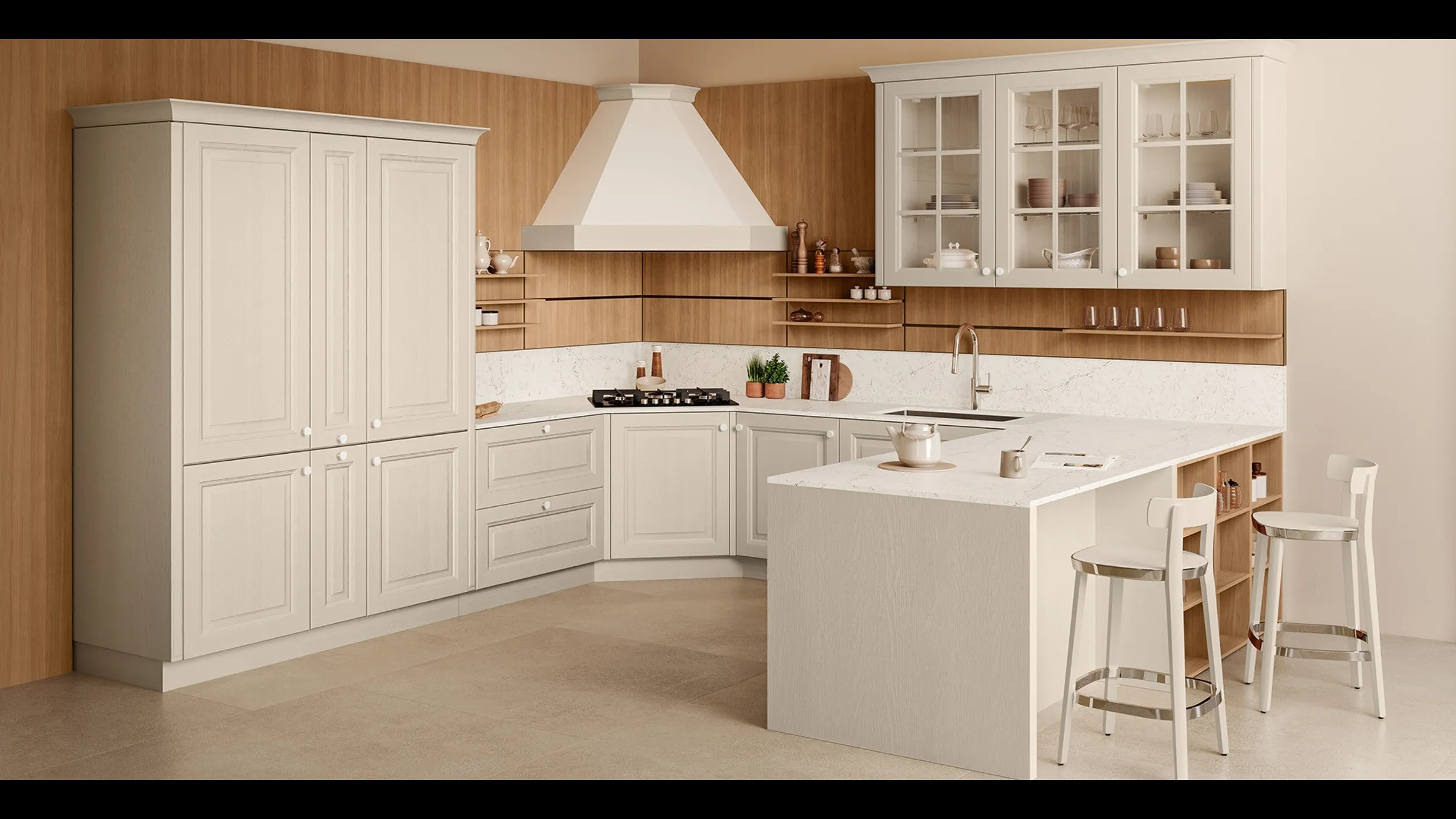 Cucina Classica con penisola Pavese 01 in Frassino laccato e Noce di Veneta Cucine