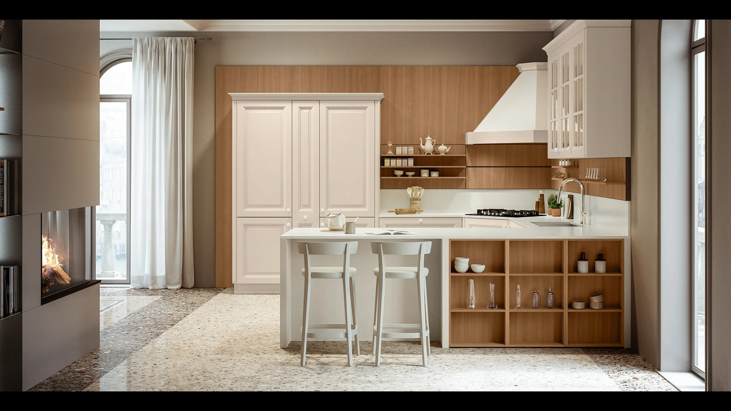 Cucina Classica con penisola Pavese 01 in Frassino laccato e Noce di Veneta Cucine