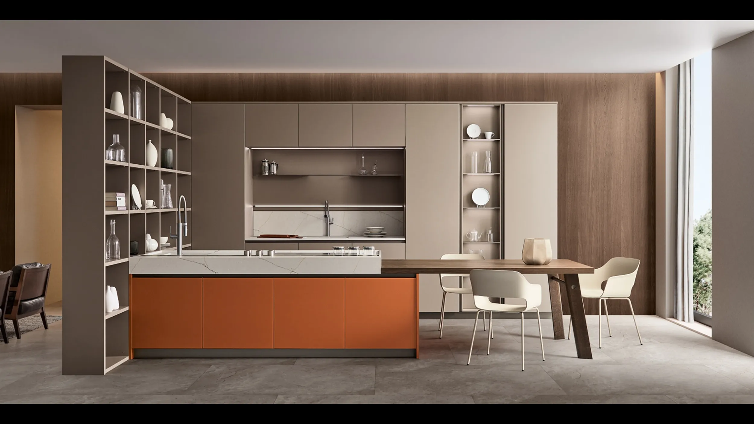 Cucina Moderna con penisola Lounge in Vetro laccato Arancio e laccato opaco Camoscio di Veneta Cucine