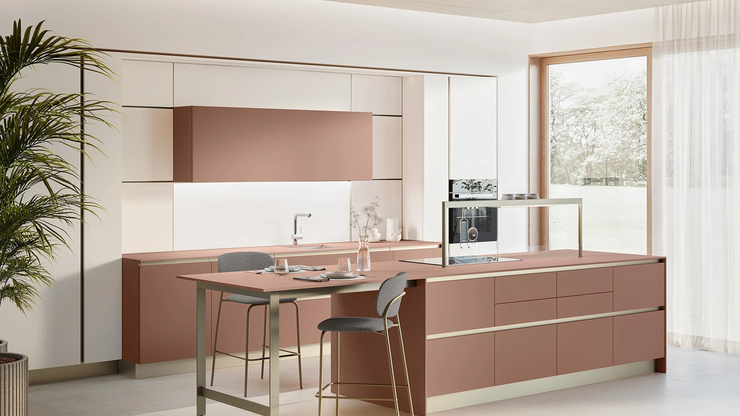 Cucina Moderna con isola Oyster 06 in laccato Rosso Etrusco e Beige Grain Dek di Veneta Cucine