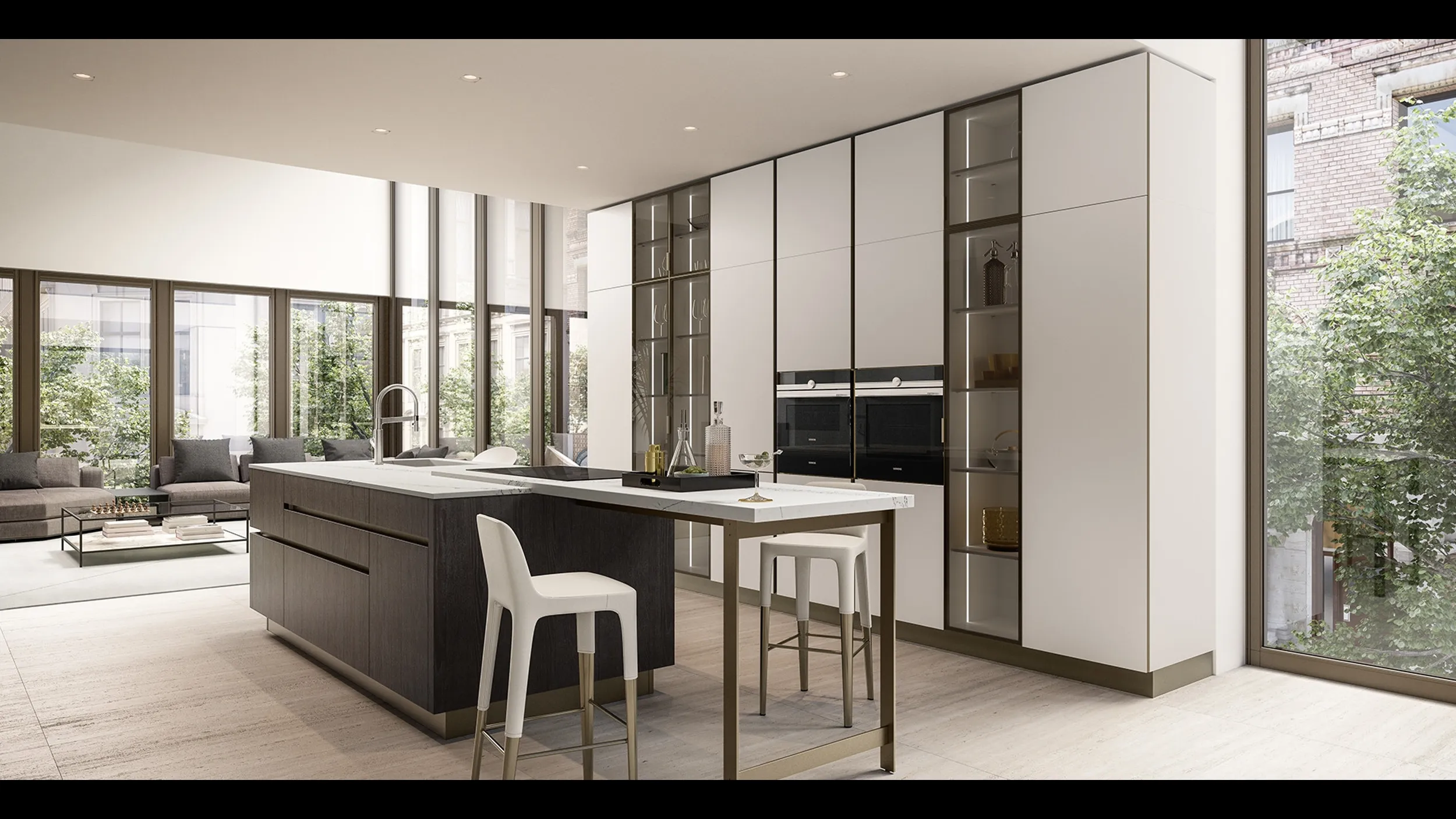 Cucina Moderna con isola Ri-flex 01 in vetro e frassino scuro di Veneta Cucine